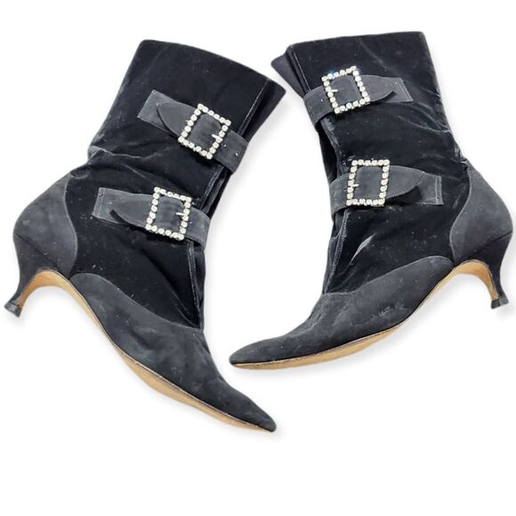MANOLO BLAHNIK Early 80s‎ Vintage Suede/Velvet Rhinestone Buckle Boots 39.5 - Picture 3 of 9